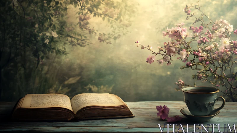 Open vintage book and teacup beside spring blossoms.