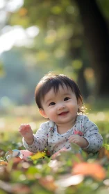 Smiling toddler in floral print attire positioned centrally in sunlit garden environment.