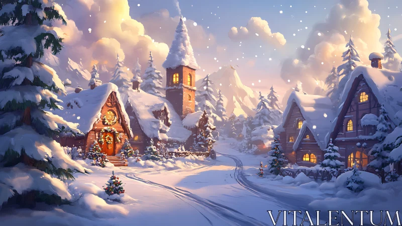 Snow-laden alpine village with luminous festive cottages.