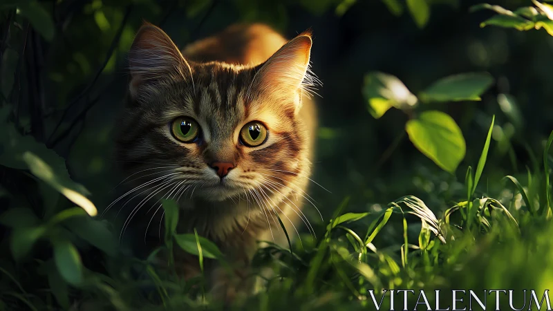 Tabby Feline with Luminous Ocular Geometry in Verdant Setting.