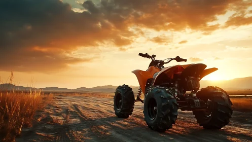 Orange all-terrain vehicle parked on dirt road at sunset.