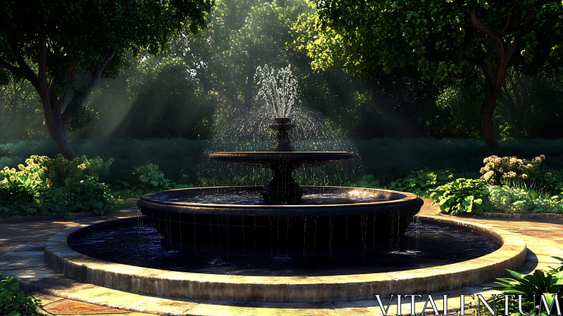 Sunlit tiered garden fountain in a lush green courtyard.