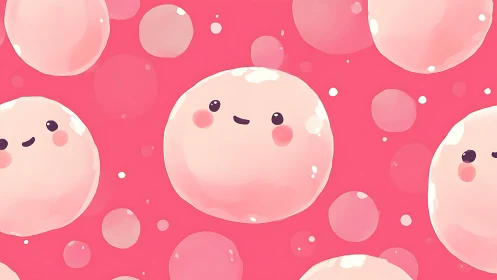 Pink circular characters form a repeating pattern on red ground