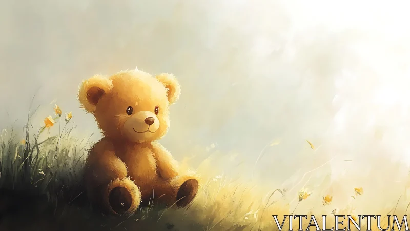 Soft plush teddy bear in sunlit meadow with warm haze