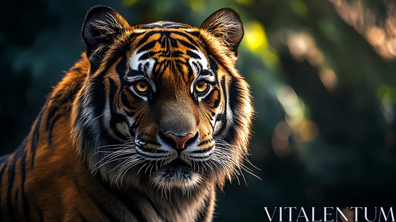Photorealistic tiger portrait under shallow-depth forest light.