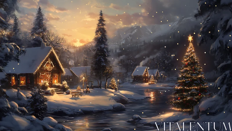 Snowy village with lit cabins and decorated Christmas tree.