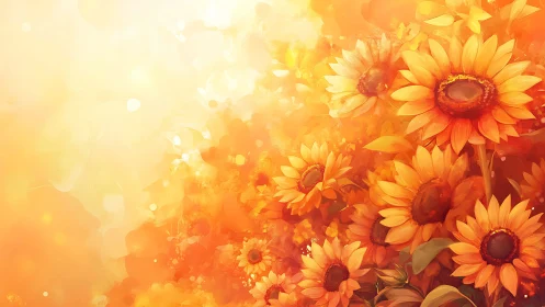 Radiant digital sunflowers dissolve into an abstract golden haze