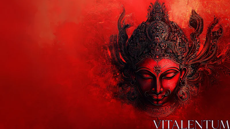 Divine red mask emerges from fiery ornamental shadows.