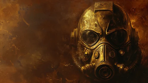 Golden armored gas mask looms in molten, smoky gloom.