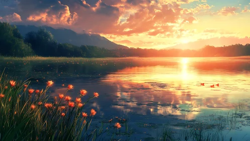 Sunlit lake landscape shows glowing sunset over calm water