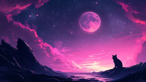 Moonlit dreamshore where a lone cat studies nebula skies.