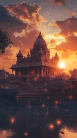 Digital painting of lakeside temple at ember-lit sunset sky.