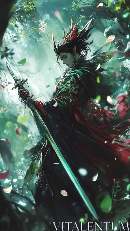 Forest-blessed elf warrior pausing in emerald misted light.