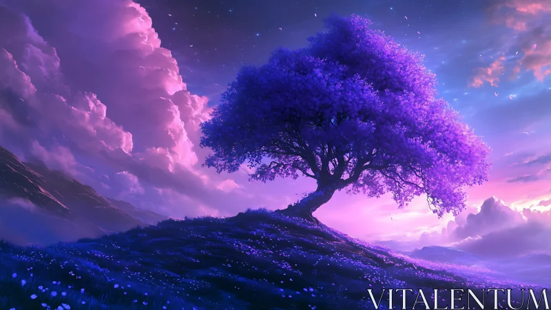 Lone violet tree crowns glowing hill under swirling clouds