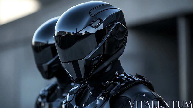 Black armored futuristic helmets with reflective visors.