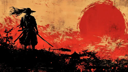 Lone ronin silhouettes against a wild bleeding sunstorm.