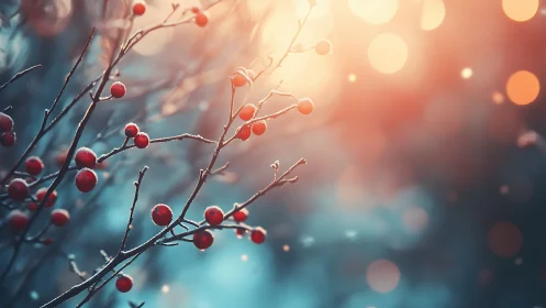 Winter branches with red berries against soft bokeh light.