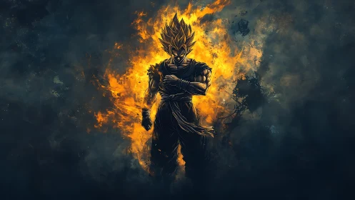 Fiery anime warrior calm within swirling cosmic flame.