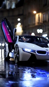Futuristic white sports car stands under neon city night rain