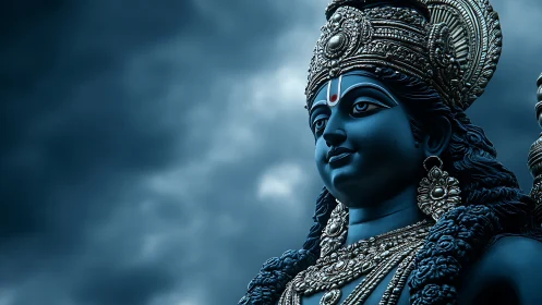 Blue-toned deity statue with ornate headdress under clouds.