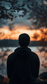 Solitary figure watches tranquil lakeside sunset in silence.