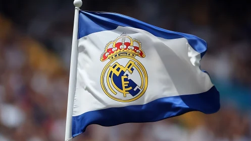 Real Madrid club flag with crest rendered in dynamic wind motion