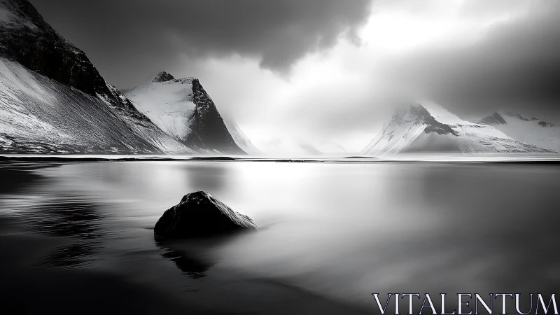 Monochrome alpine seascape with long‑exposure tonal gradients.