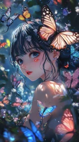 Butterfly surrounded anime girl in glowing forest scene.