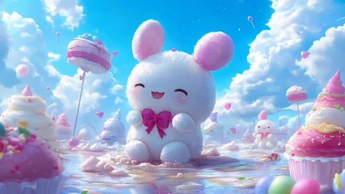 Candyfloss bunny giggles in a frosting-splashed skyland.