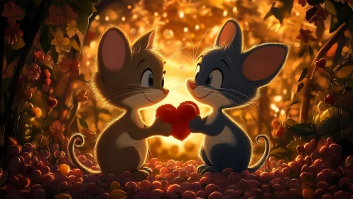 Two animated mice exchange luminescent heart shape within warm bokeh and floral ambient environment