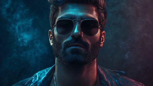 Cinematic portrait of man in sunglasses with teal magenta rimlight.