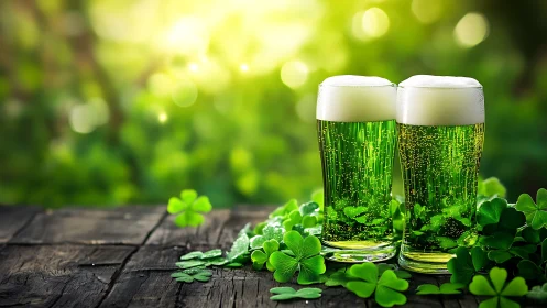 Two glasses of green beer with clover on wooden surface.