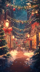 Snowy Christmas alley glows with festive market lights