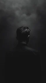 Rear view of solitary figure in dark, low key lighting.