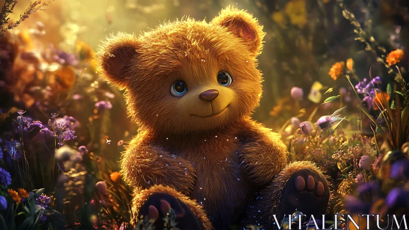 Sunlit teddy bear daydream in a magical flower meadow.
