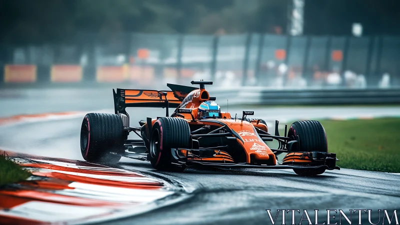 Rain-soaked orange race car carving through a slick chicane.