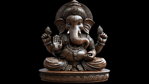 Gentle wooden Ganesha statue glowing with calm presence.