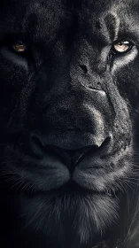 Black lion head portrait with golden amber eyes
