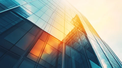 Sunlit glass tower rising into a calm pastel morning sky.