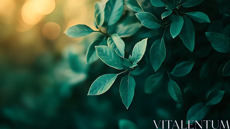 Close-up of green leaves in soft sunlight, nature photography.