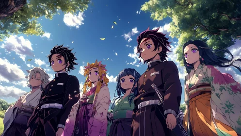 Six anime characters stand outdoors under a bright sky