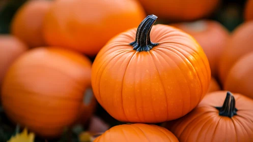 Single ripe pumpkin centered among blurred pumpkins