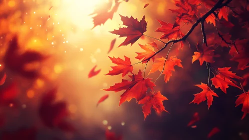 Crimson maple leaves drifting through molten autumn light.