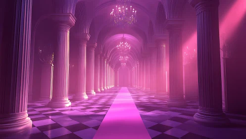 Neon-lit palace corridor glows with surreal magenta light.