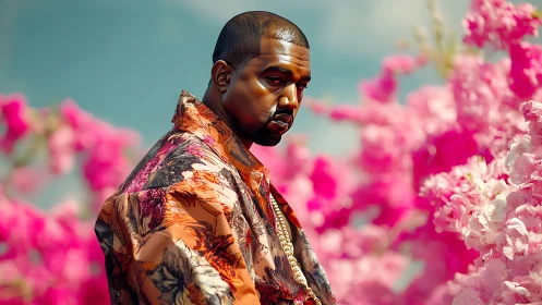 Man in floral shirt standing among vivid pink blossoms.