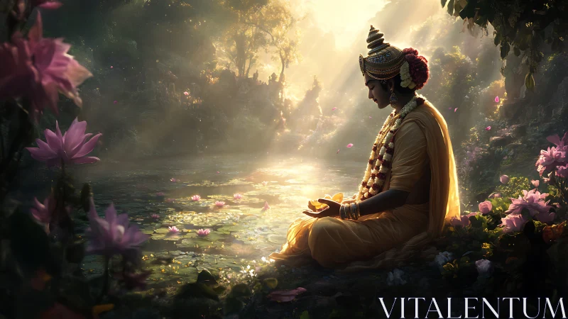 Serene robed figure meditating beside sunlit lotus pond.