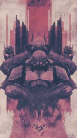 Armored war mech rises amid crimson dystopian monoliths