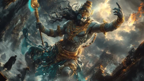 Digital painting of mythic warrior god amid burning citadel.