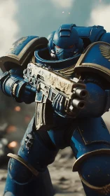 Armored sci fi soldier in blue power suit aims heavy rifle in battle