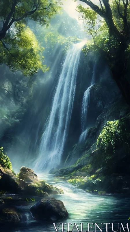 Dense forest waterfall with sunlit mist over rocky stream.